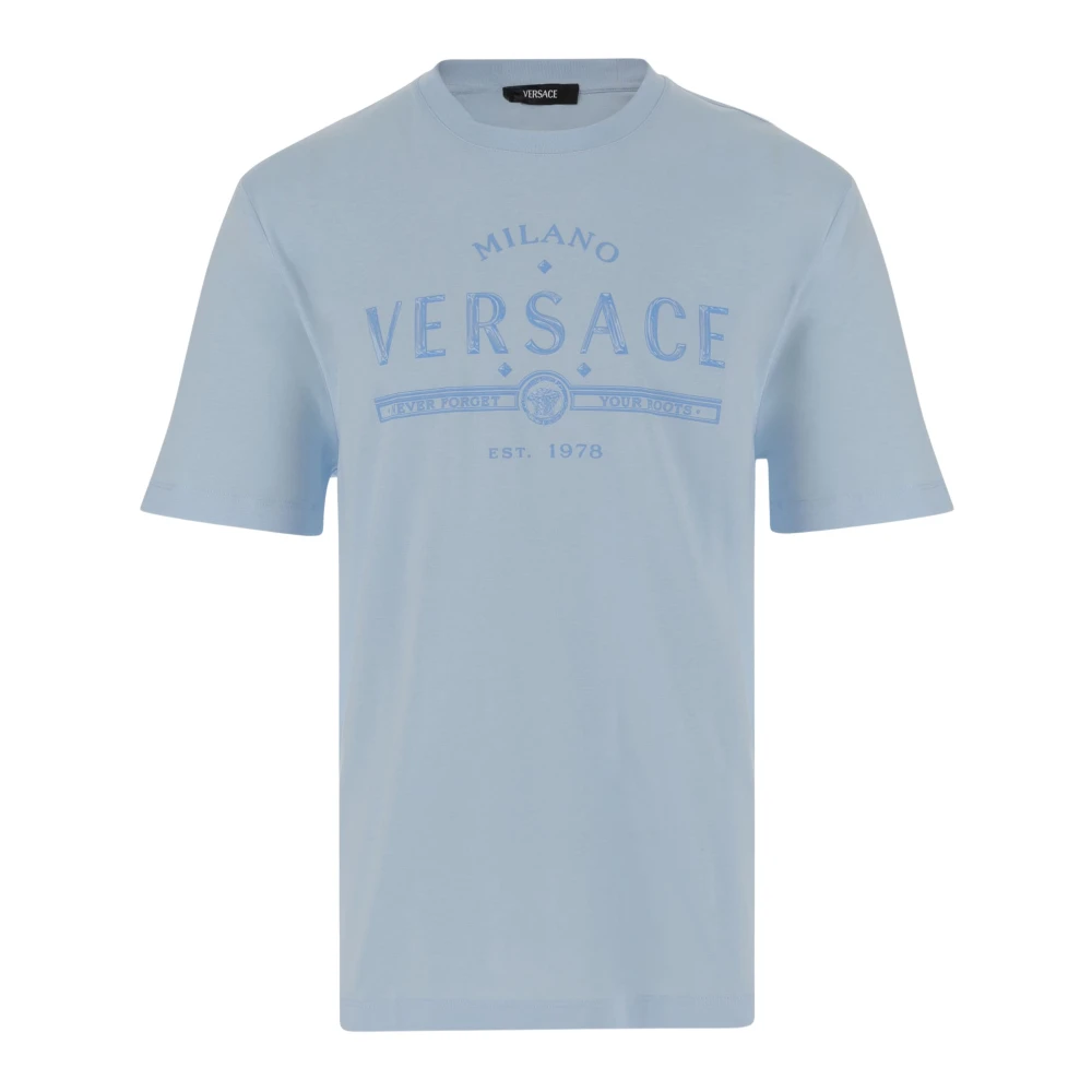 Versace Katoen Crew Neck Logo Print T-shirt Blue Heren