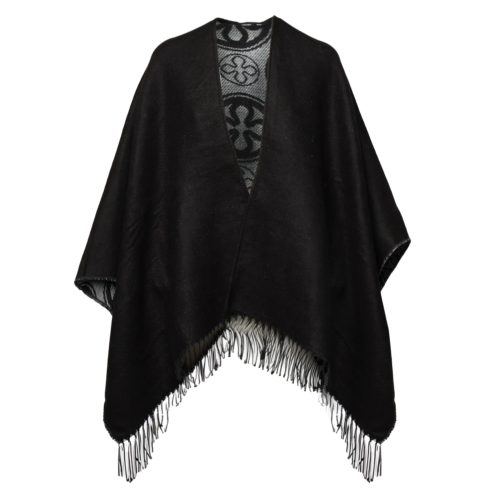 V73 Omkeerbare Zwarte Jacquard Cape met Franjekant Black Dames
