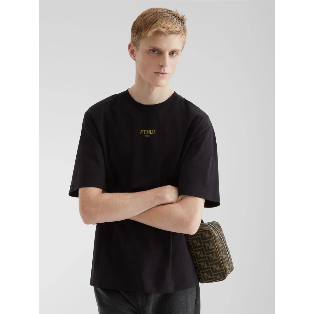 Fendi Zwarte Crew Neck T-shirt met Gouden Glitter Black Heren
