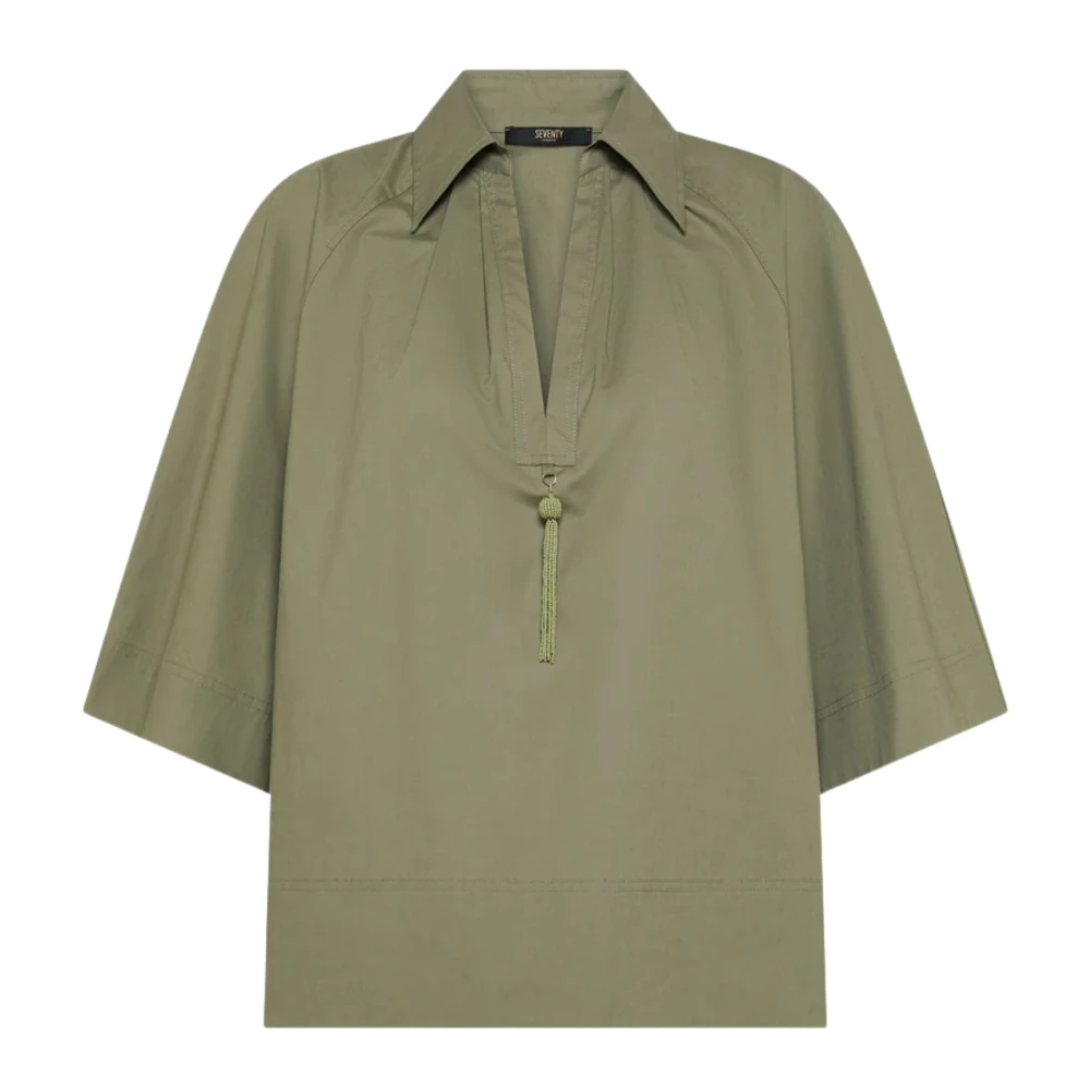 Seventy Women's Green Blouses, Xs, Camicia Corta Mezza Manica In Cotone Popeline Con Scollo A V.