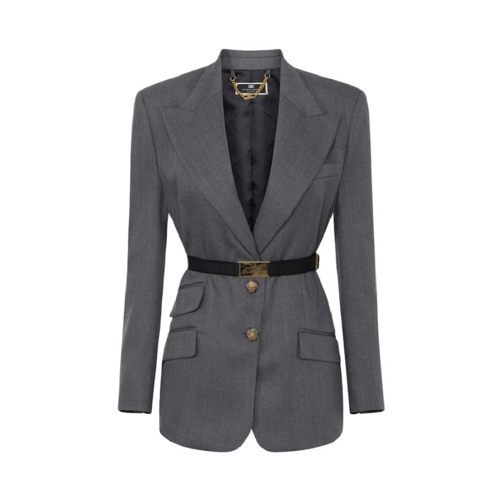 Elisabetta Franchi Wollen Jas met Riem en Gestructureerde Schouders Gray Dames