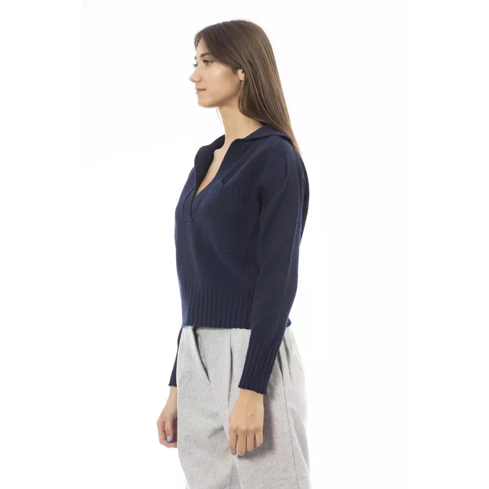 Alpha Studio Blauwe Wol V-Hals Trui met Voorzak Blue Dames