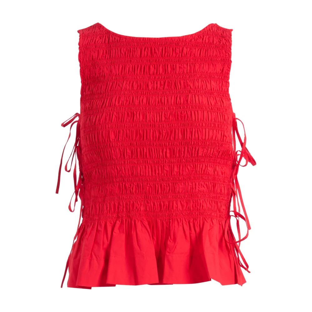 Ganni Women's Red Sleeveless Tops, Xs, Cotton Poplin Smock Tie String