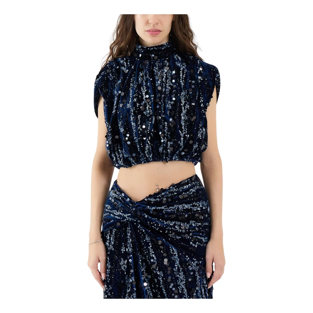 Sabina Musayev Navy Velvet Paillet Top Blue Dames