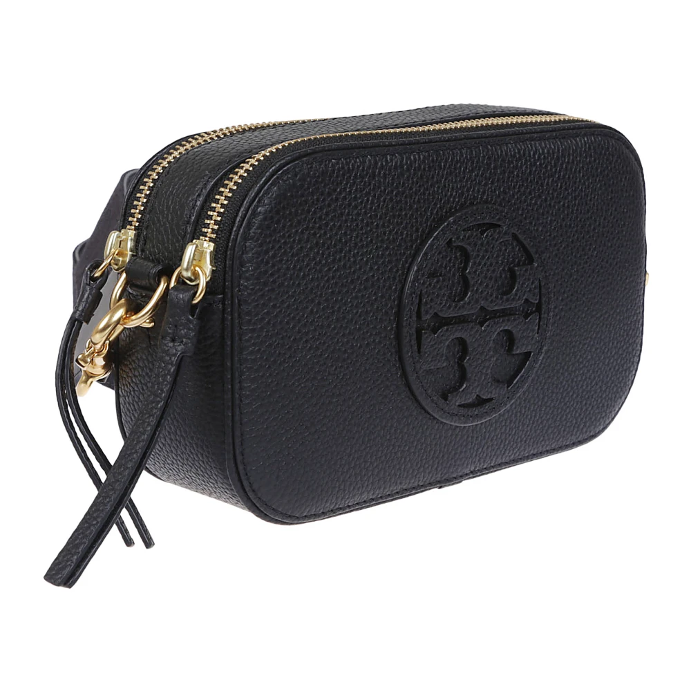 TORY BURCH Zwarte leren schoudertas met reliëflogo Black Dames