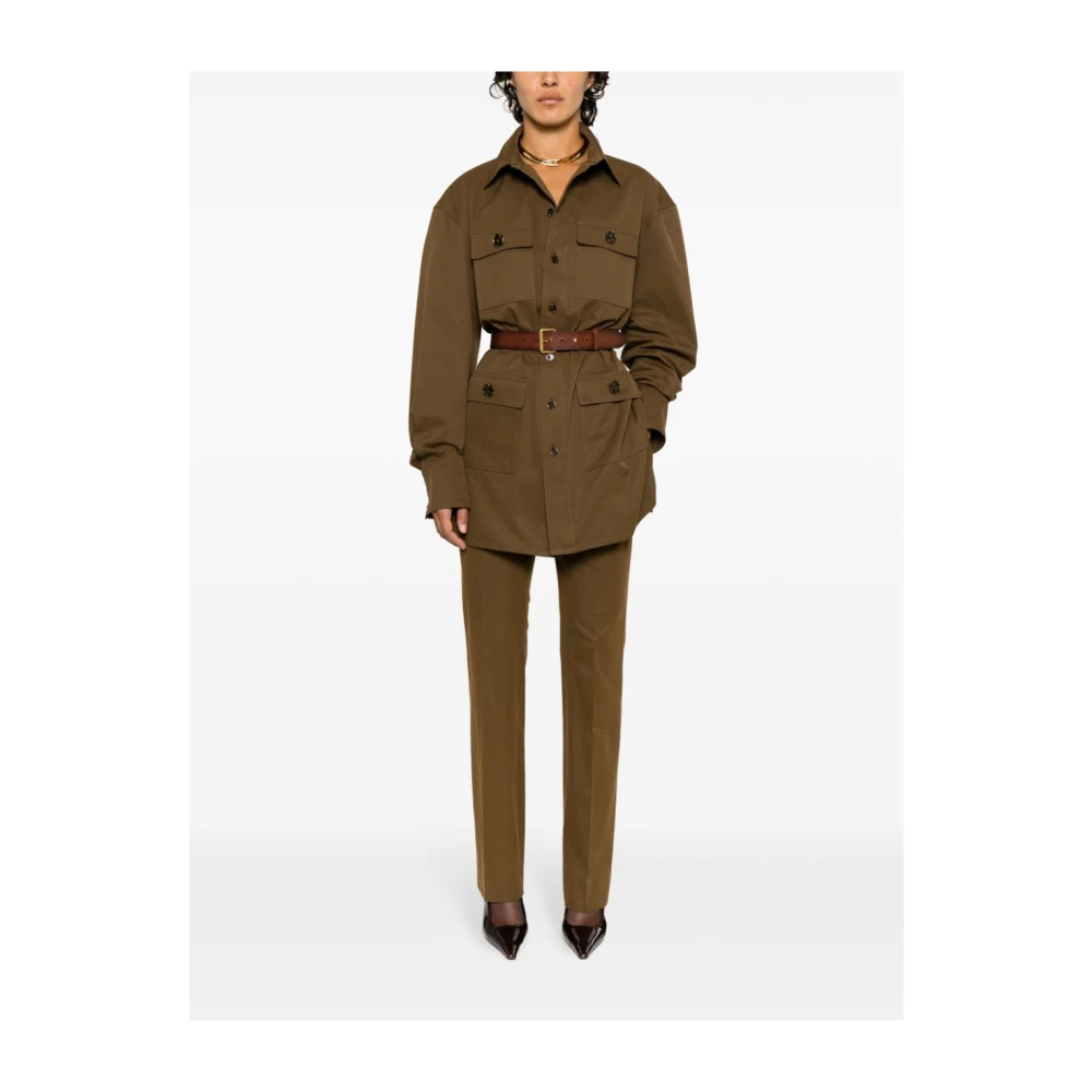 Saint Laurent Straight Leg Cotton Twill Trousers Brown Dames