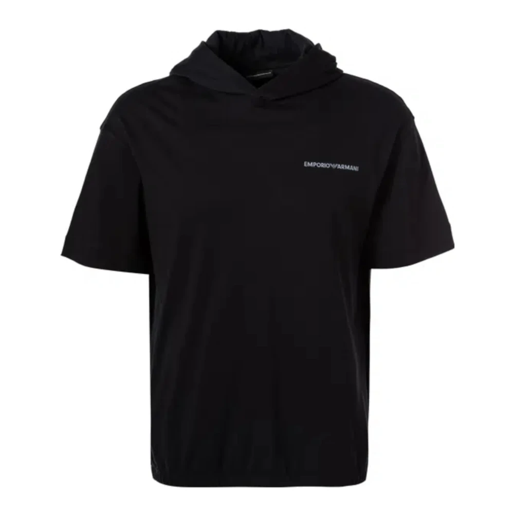 Emporio Armani Mannelijk Blauw Tops Heren, L, Katoen, Hooded Katoenen T-Shirt Met Logopatch
