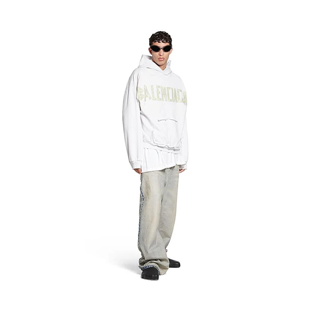 Balenciaga Oversized Unisex Hoodie met Distressed Logo Beige Heren