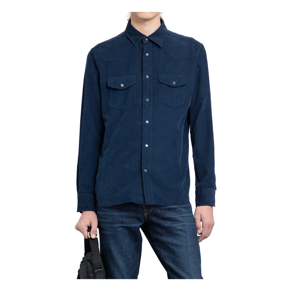 Tom Ford Corduroy Western Shirt met Stiksel Details Blue Heren