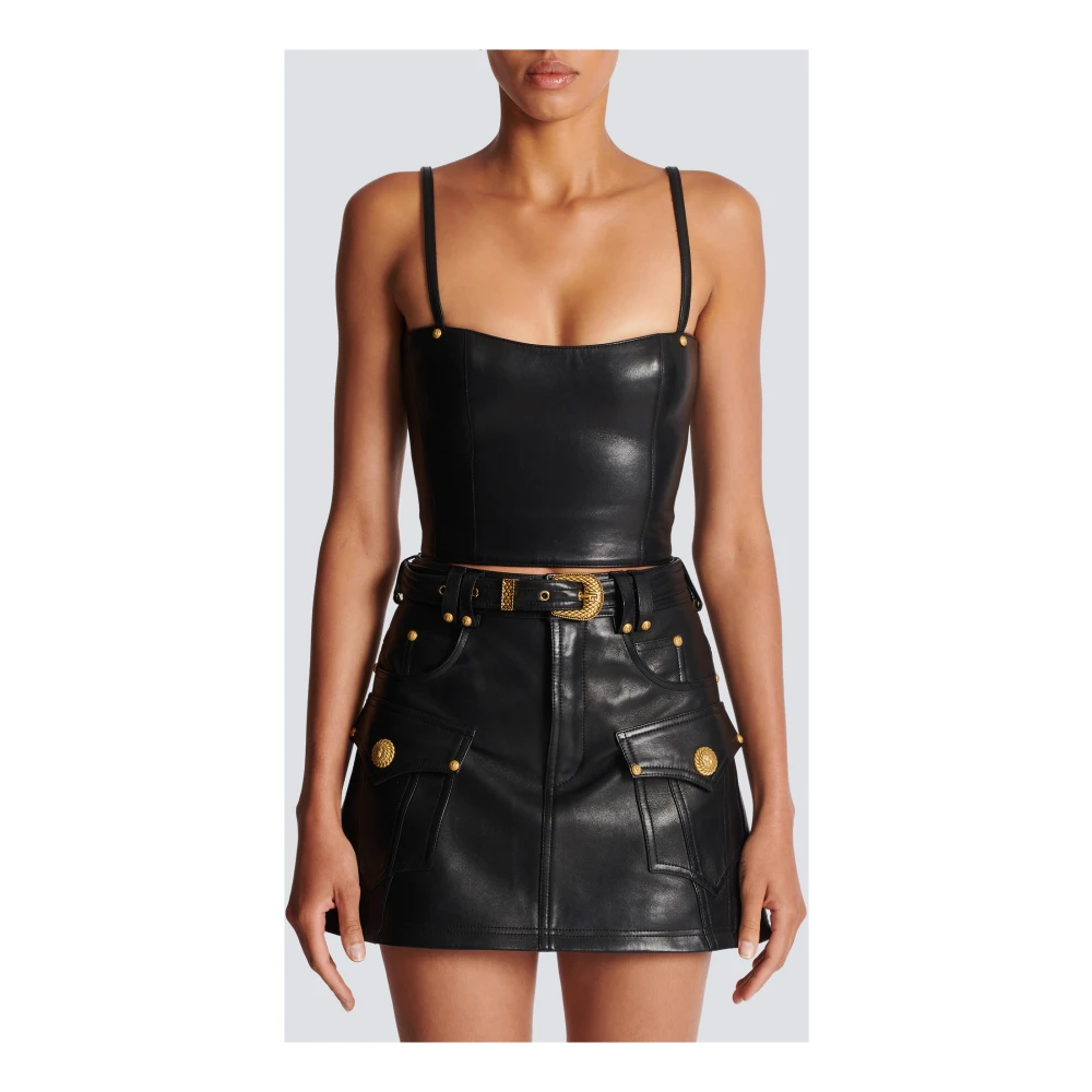 Balmain Leren top met spaghettibandjes Black Dames