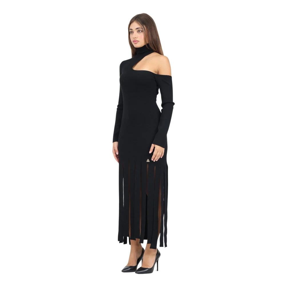Akep Zwarte Gebreide Midi Jurk met Schouder Cut Out en Franje Detail Black Dames