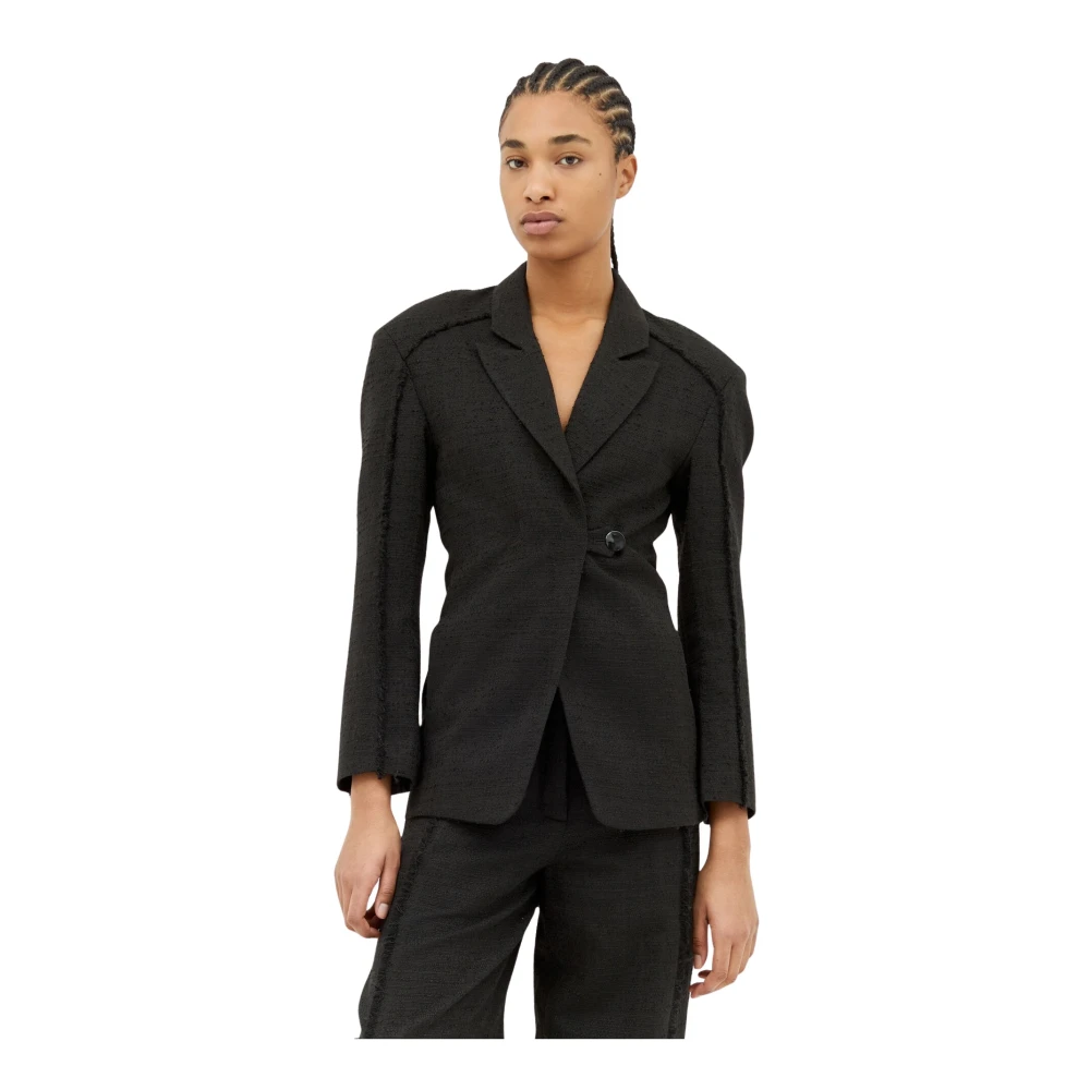 Ganni Gefranjerde Tweed Blazer Black Dames