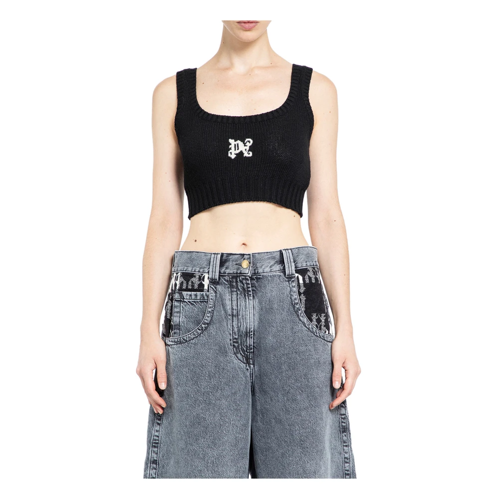 Palm Angels Monogram Gebreide Top Zwart Off White Black Dames