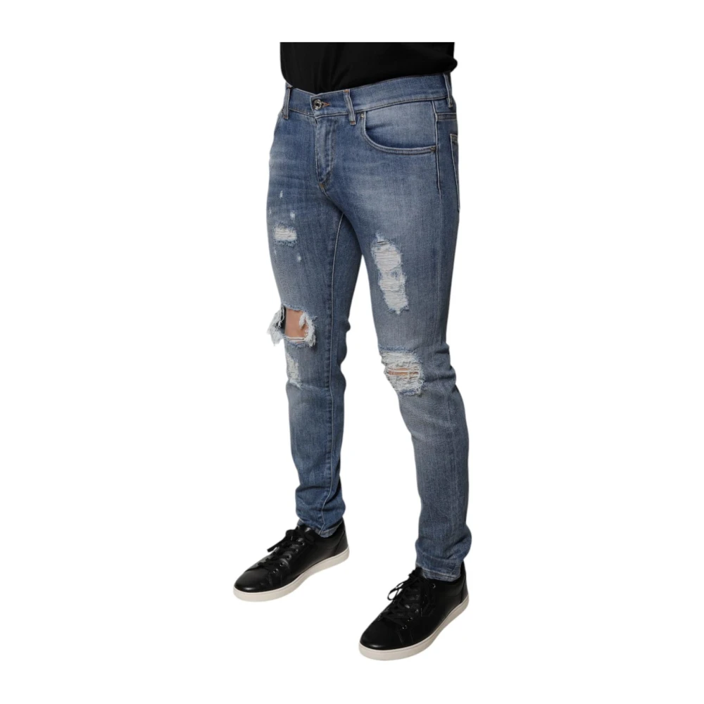 Dolce & Gabbana Versleten Skinny Denim Jeans met Logo Blue Heren