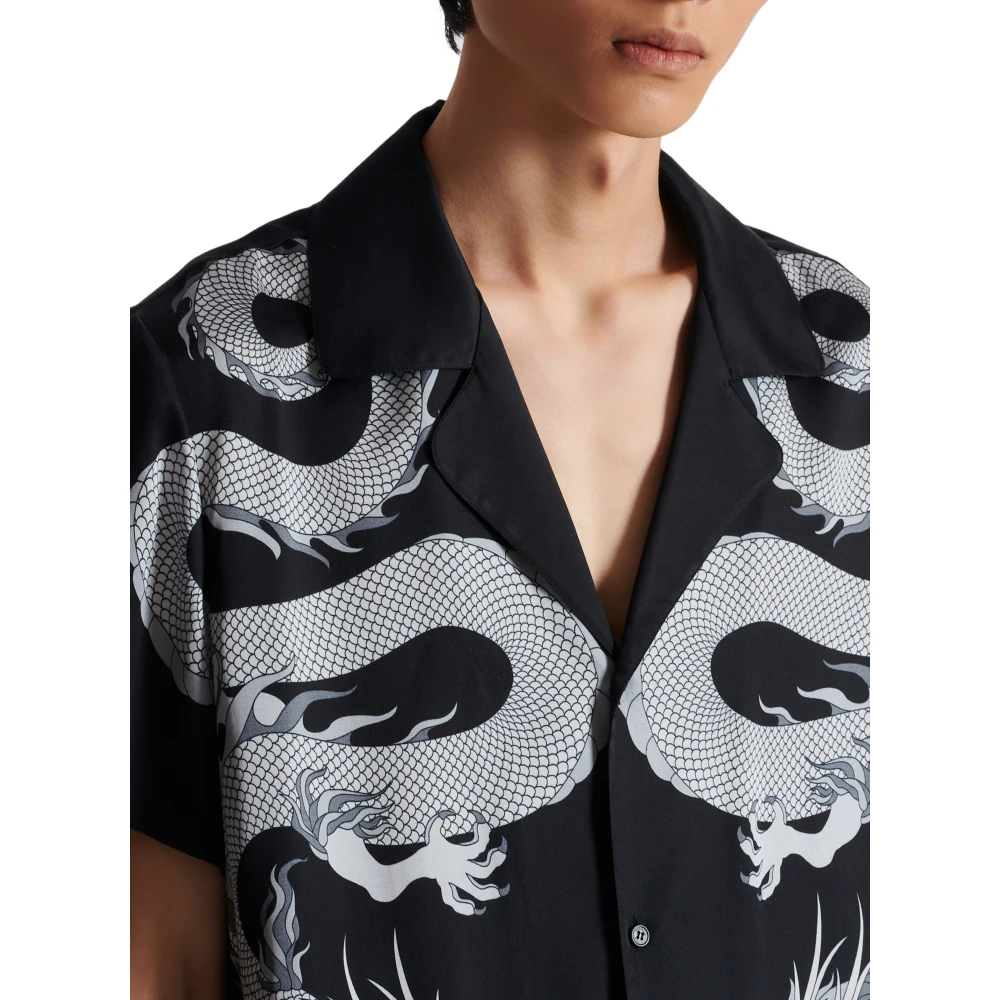 Balmain Korte satijnen overhemd met drakenprint Black Heren
