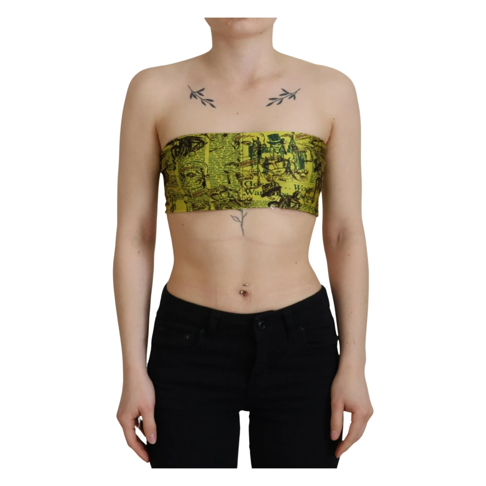 John Galliano Gele Grafische Print Strapless Top Yellow Dames