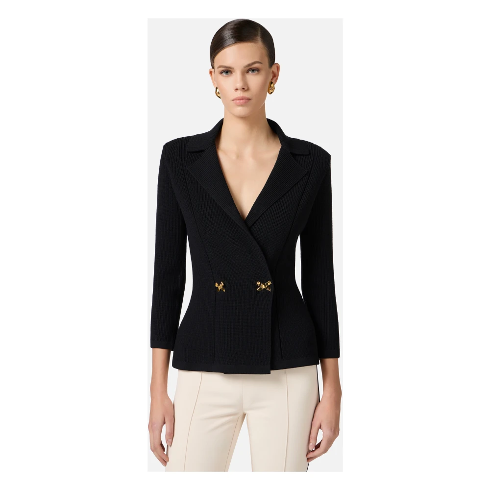 Elisabetta Franchi Zwarte gebreide blazer met juweel strikken Black Dames