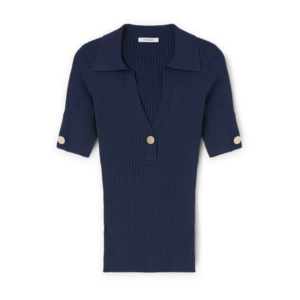 Motivi Ribgebreid Poloshirt Blue Dames