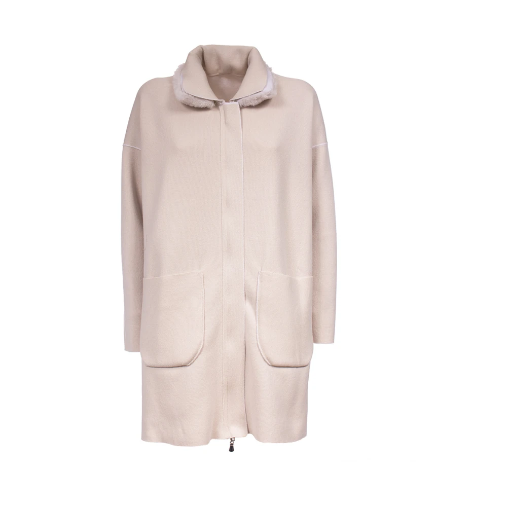 Le Tricot Perugia Omkeerbare gebreide jas met Ecofur kraag White Dames