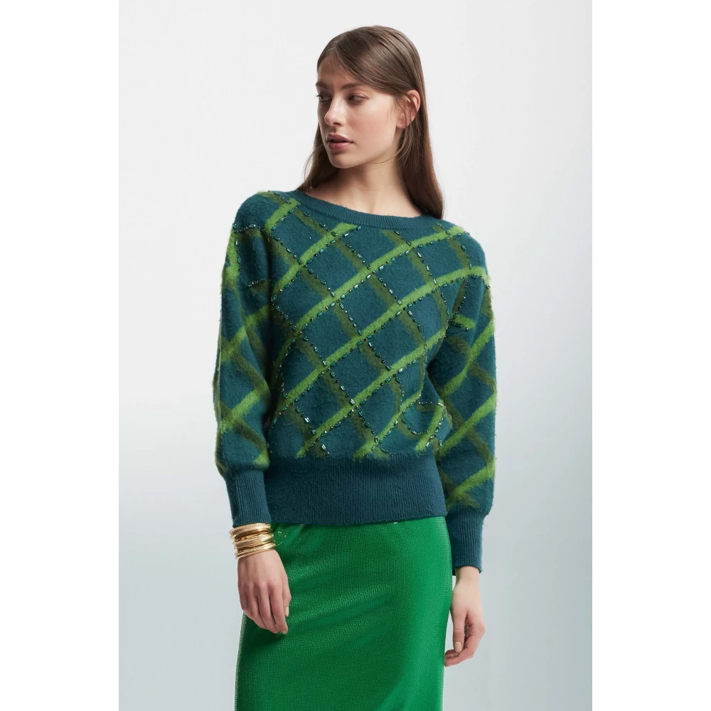 Kocca Diamantpatroon Trui met Strass Green Dames