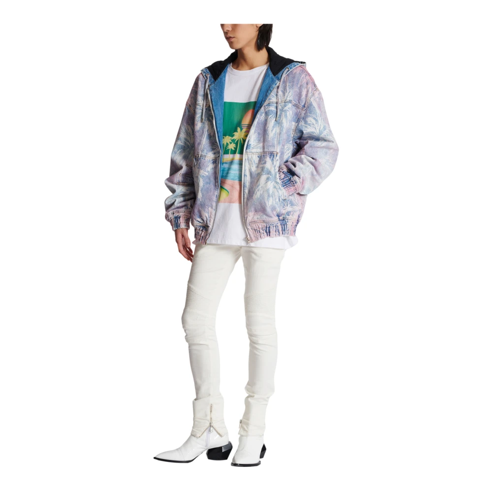 Balmain Denim Hooded Bomber Jacket met Palmboomprint Multicolor Heren
