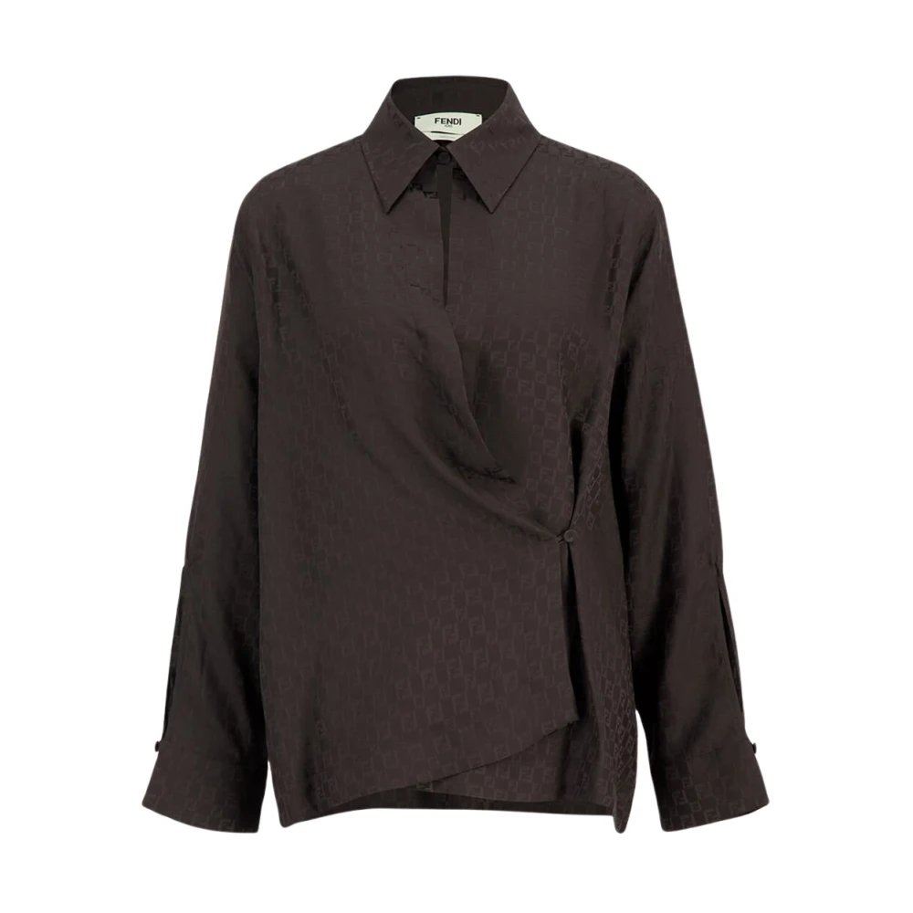 Fendi Women's Brown Silk Ff Jacquard Draped Shirt