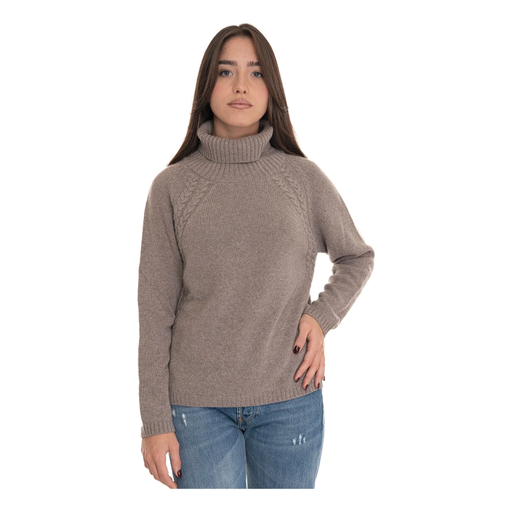 Roy Roger's Turtle Neck Pullover met kabelbreisel Beige Dames