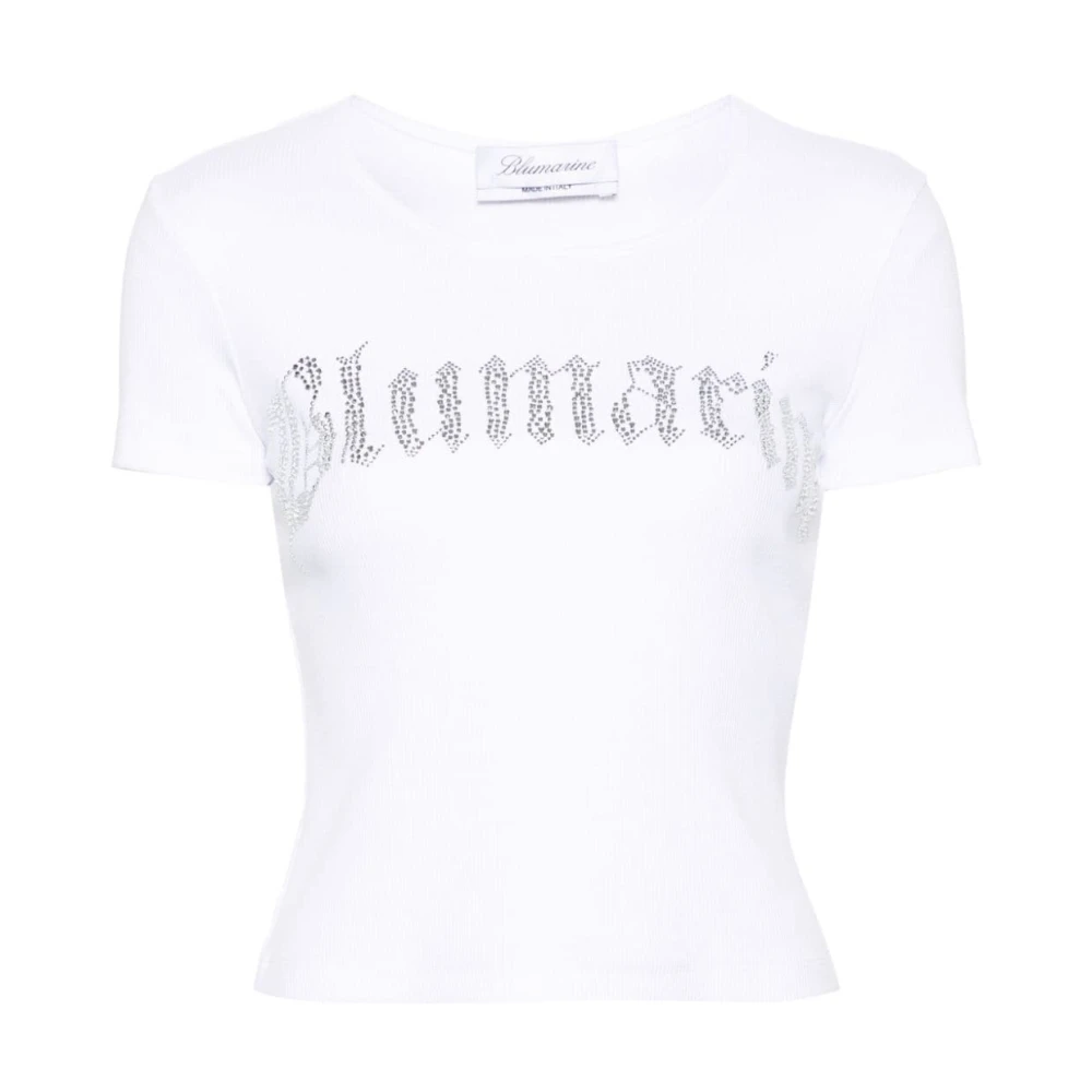 Blumarine Vit Ribbad T-shirt med Rhinestone-Logga White, Dam