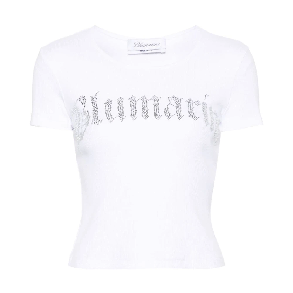 Blumarine Witte Geribbelde T-shirt met Strass Logo White Dames