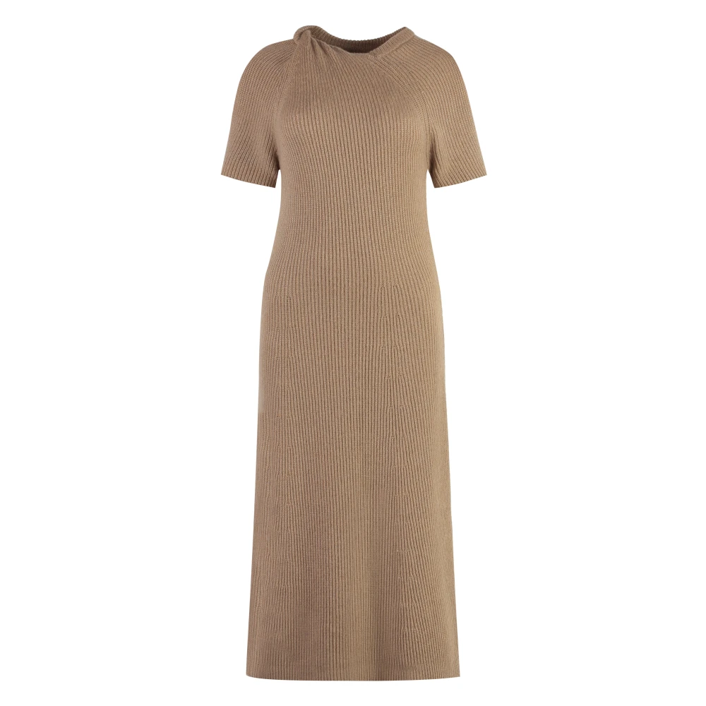 Stella Mccartney Geribbelde Gebreide Midi Jurk met Koude Schouders Beige Dames