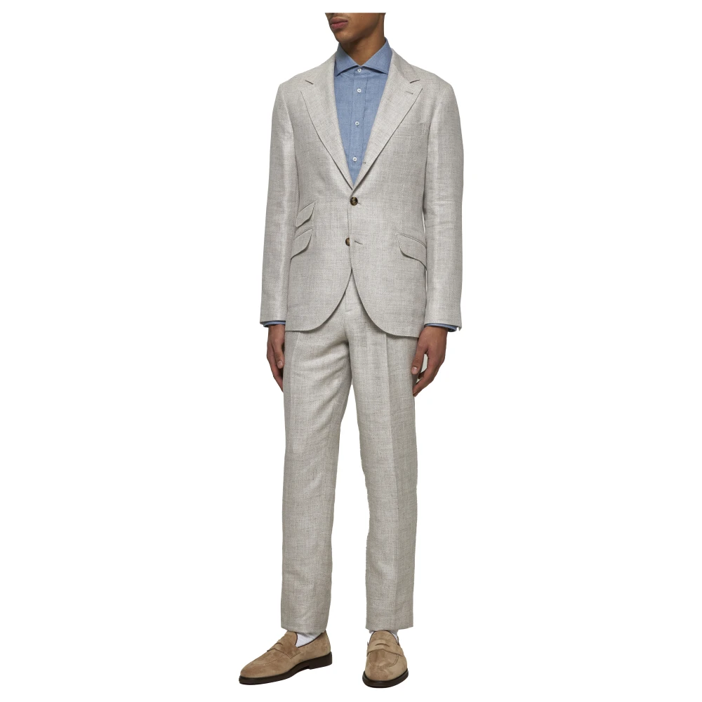 BRUNELLO CUCINELLI Beige Linnen Wol Zijde Blazer Broek Gray Heren