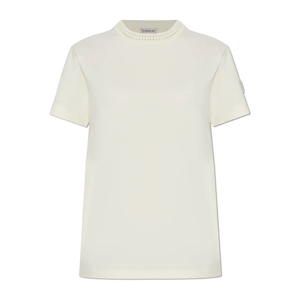 Moncler Women's Beige T-Shirts, M, T-Shirt With Decorative Neckline