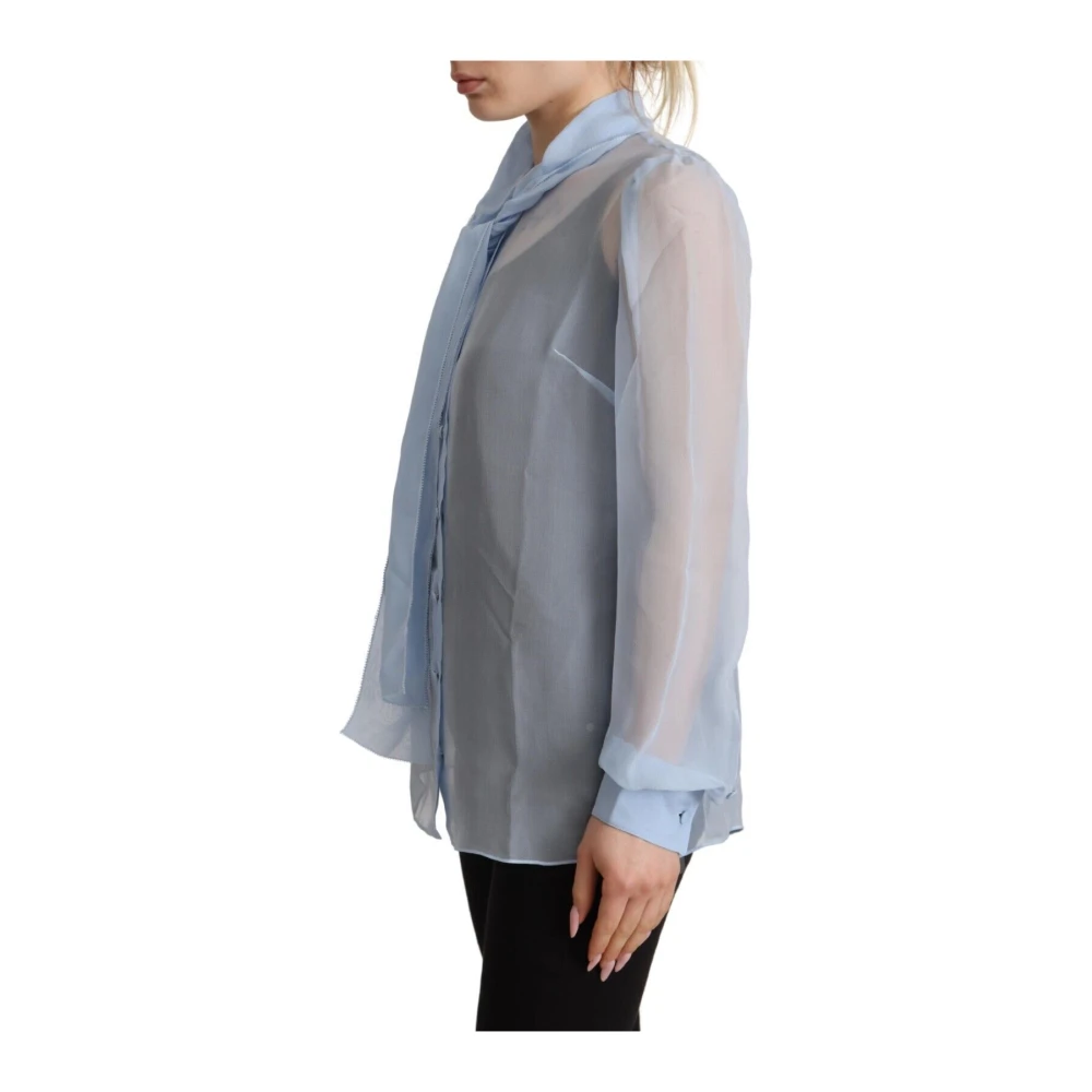 Dolce & Gabbana Elegante Zijden Blouse met Ascot Kraag Blue Dames
