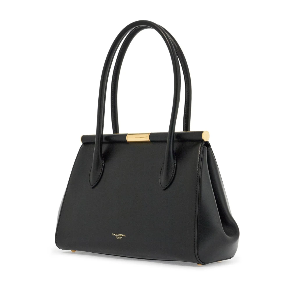 Dolce & Gabbana Elegante Zwarte Kalfsleren Handtas met Druksluiting Black Dames