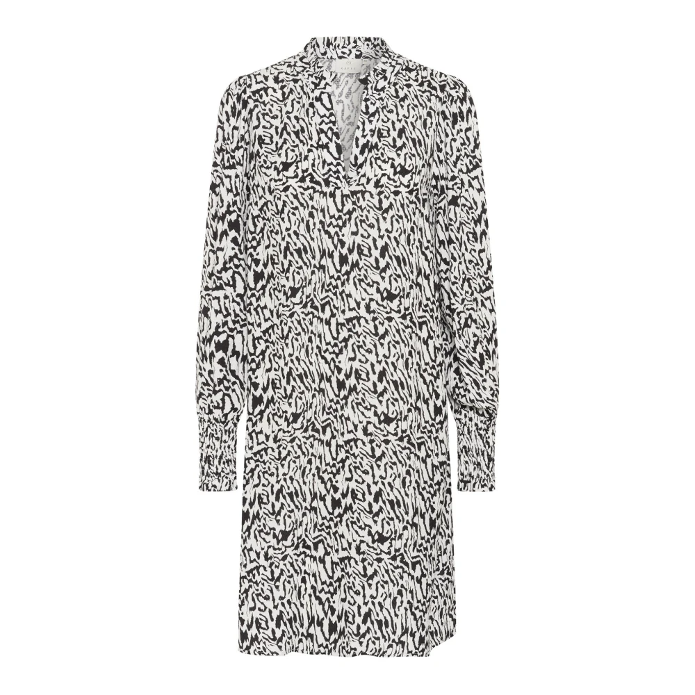 Kaffe Black Short Dresses, Female, 3XL, Graphic Lines Dress With Smock Cuffs