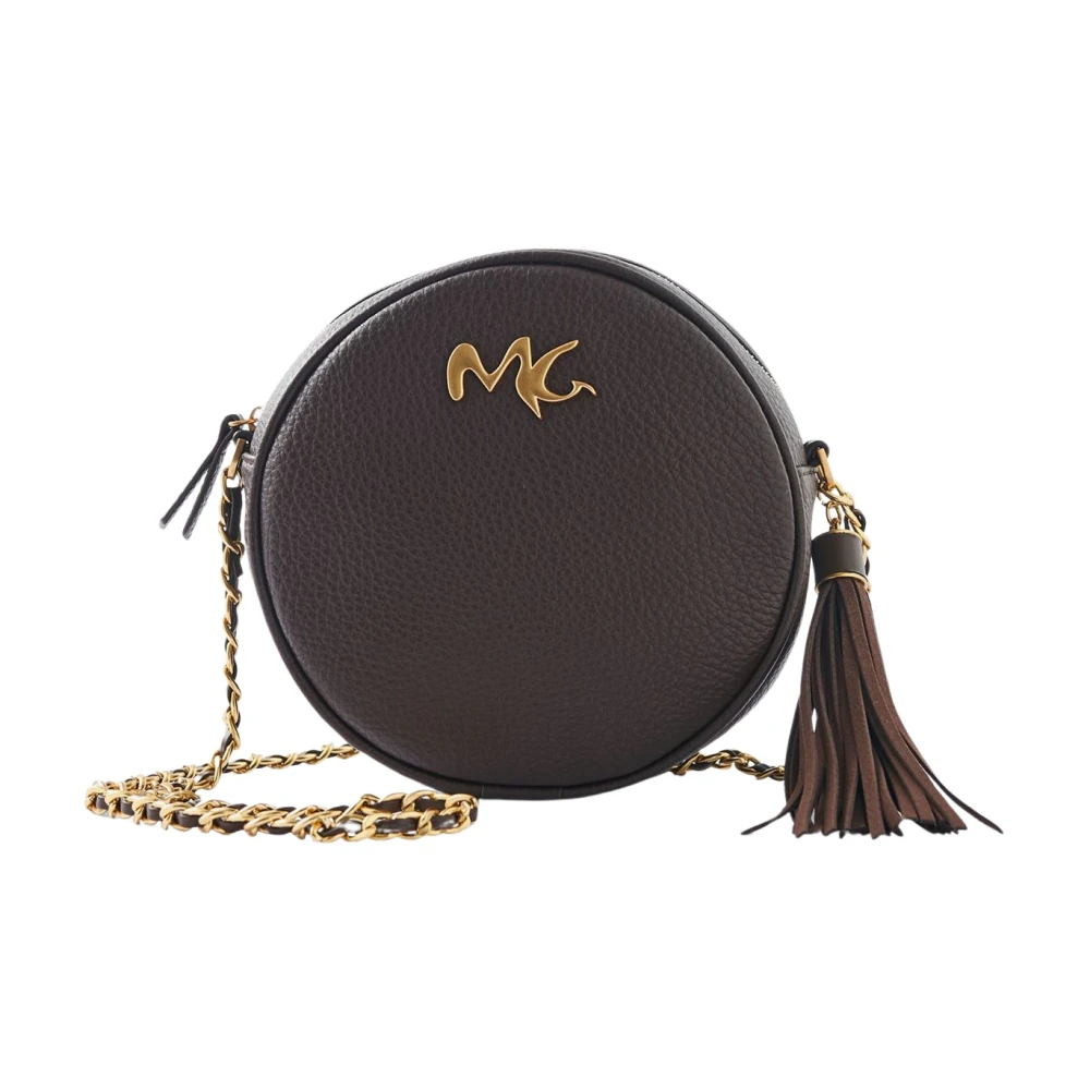 Manila Grace Mini ronde eco-leren tas met afneembare kettingriem 3D-logo en gouden accenten Brown Dames