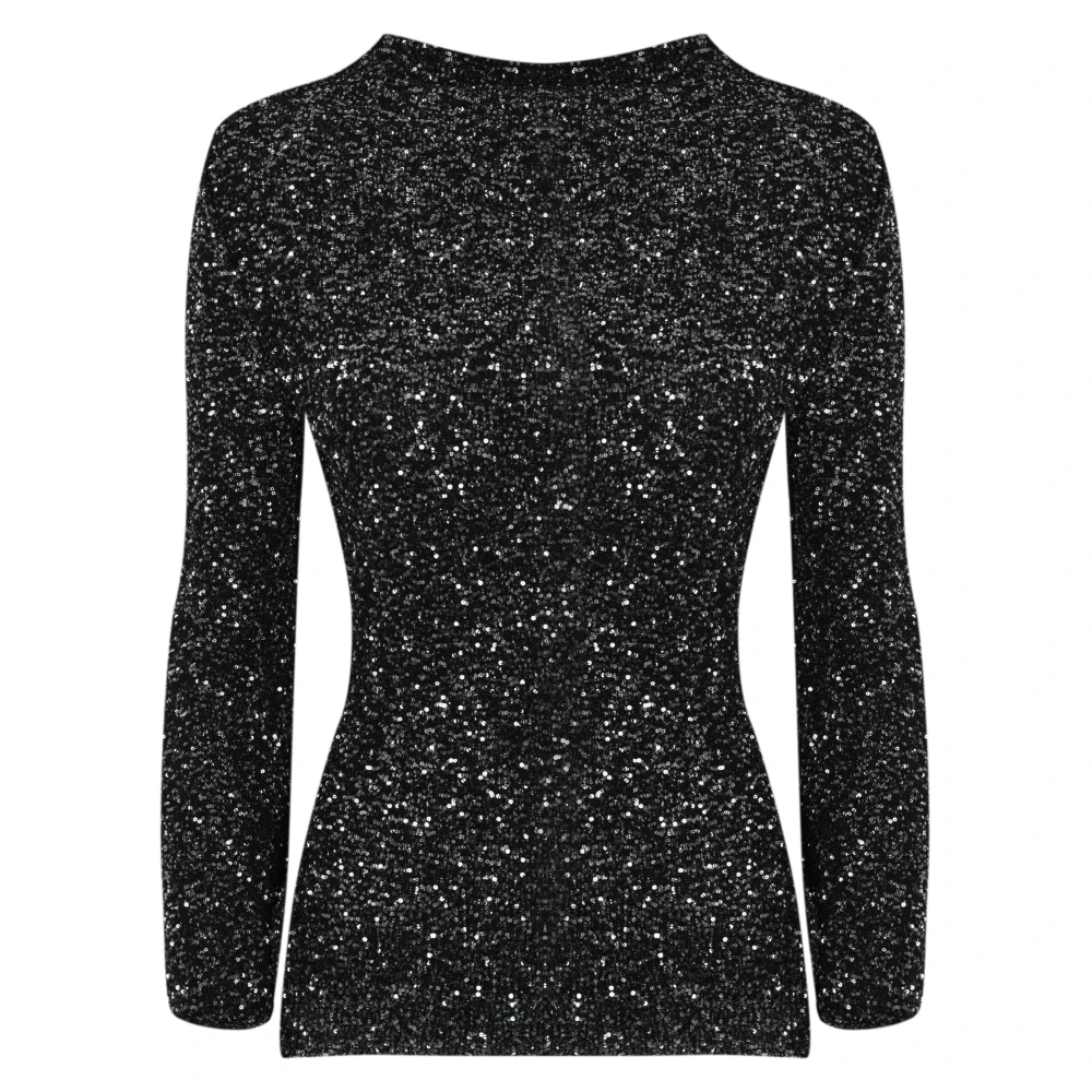 Liviana Conti Zwarte pailletten trui hoge hals lange mouw slim fit Black Dames