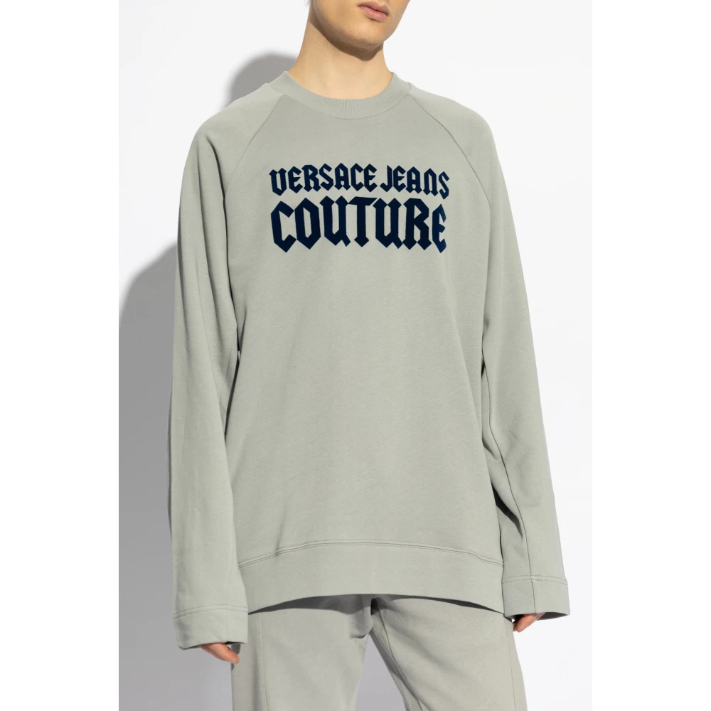 Versace Jeans Couture Sweatshirt met logo en fluwelen afwerking Gray Heren