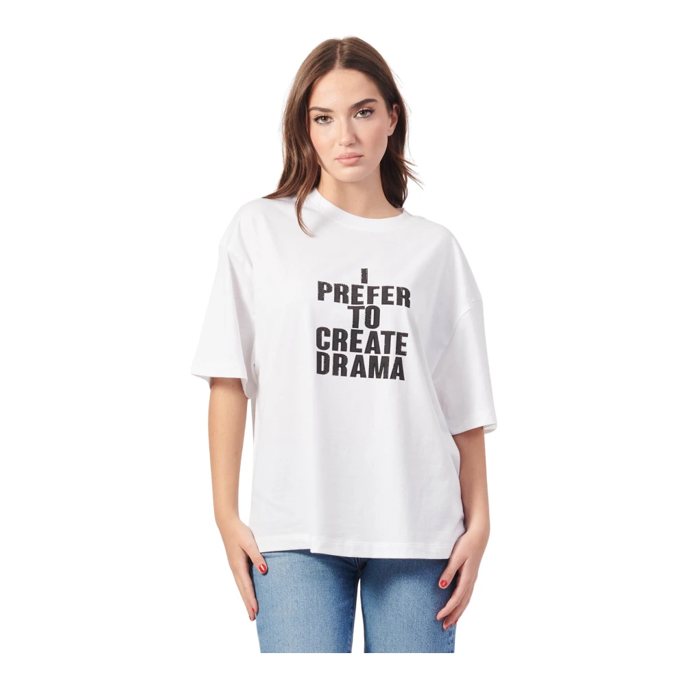 Boss Dames Katoenen Jersey T-shirt met Bedrukte Slogan White Dames
