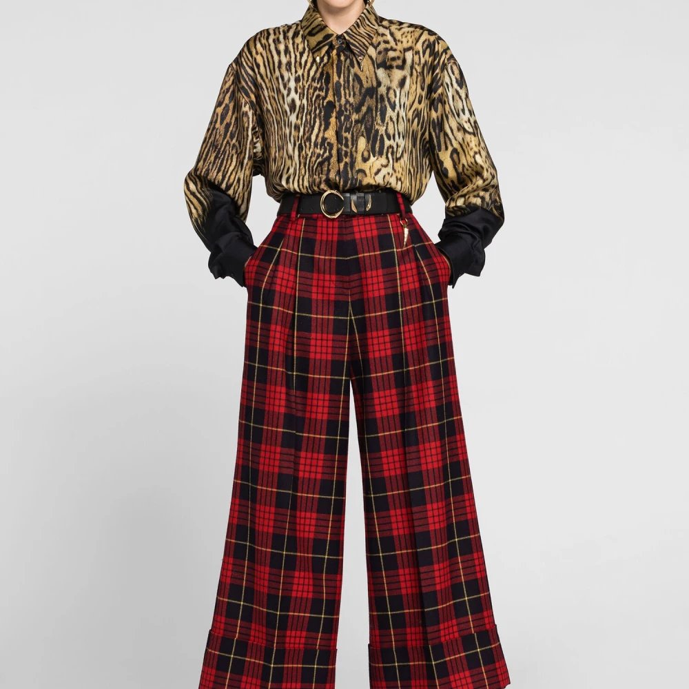 Roberto Cavalli Tartan Wide-Leg Wool Trousers Red Dames