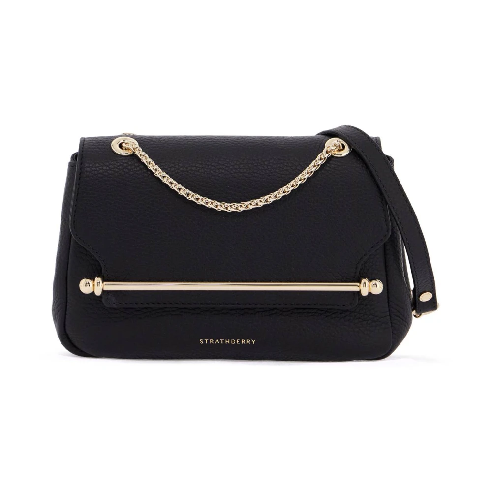 Strathberry Elegante zwarte kalfsleren mini tas met gouden ketting Black Dames