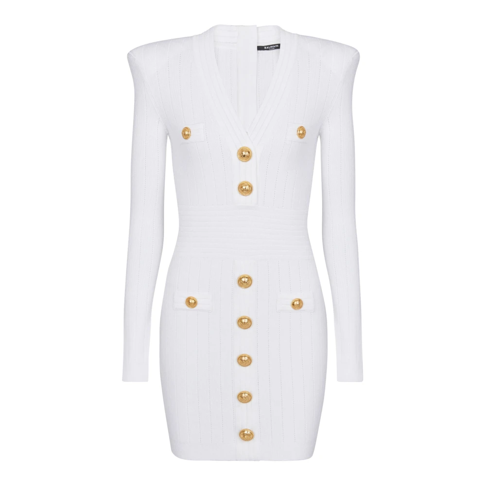 Balmain Kort ekodesignerad stickad klänning med guldtonade knappar White, Dam