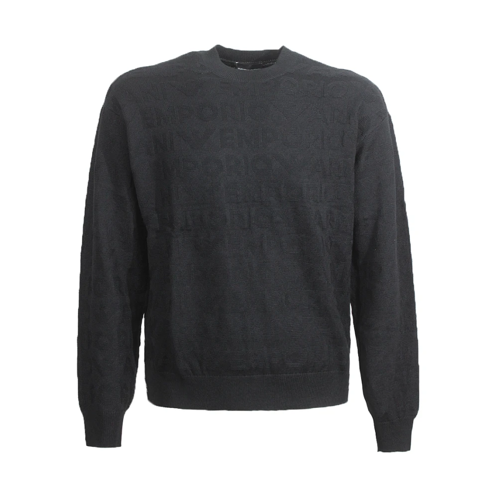Emporio Armani Logo Print Zwarte Wollen Trui Black Heren