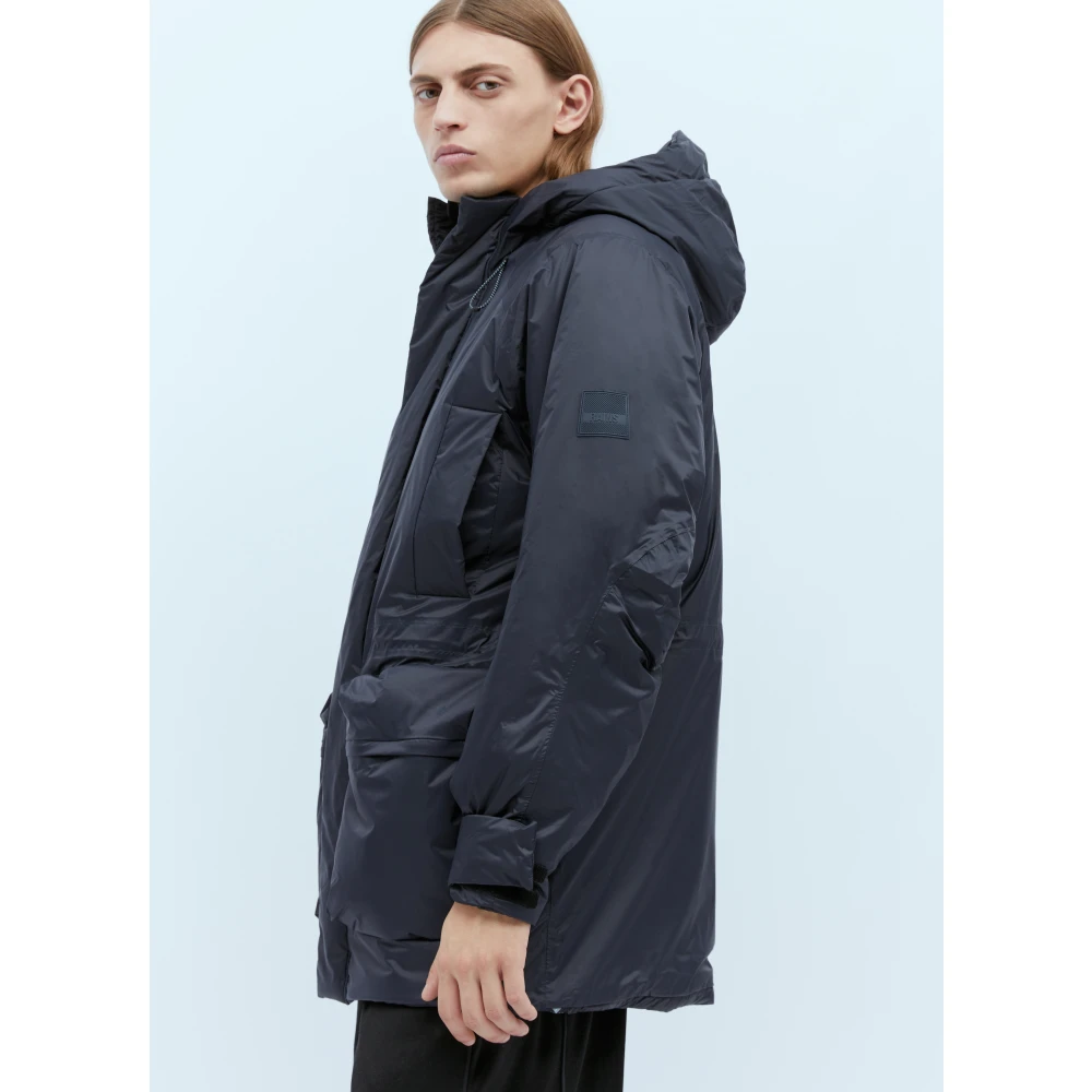 Rains Hooded Padded Parka with Logo Patch Blue Heren