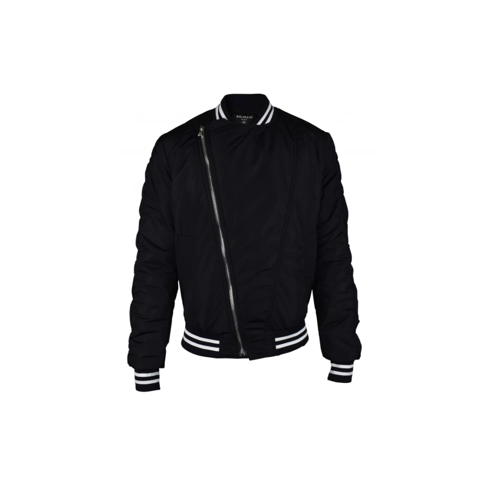 Balmain Zwarte nylon jas met wit logo Black Heren