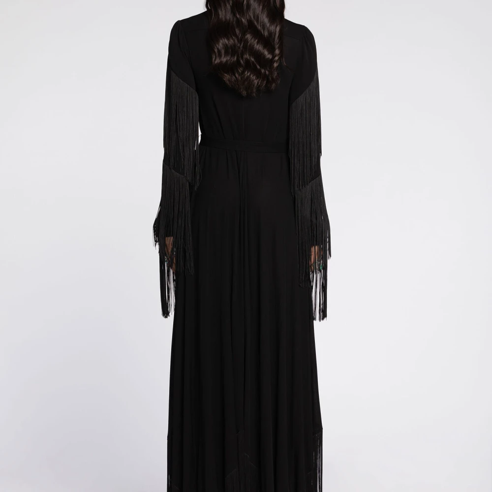 Roberto Cavalli Fringed Maxi Jurk met Punt Kraag Black Dames