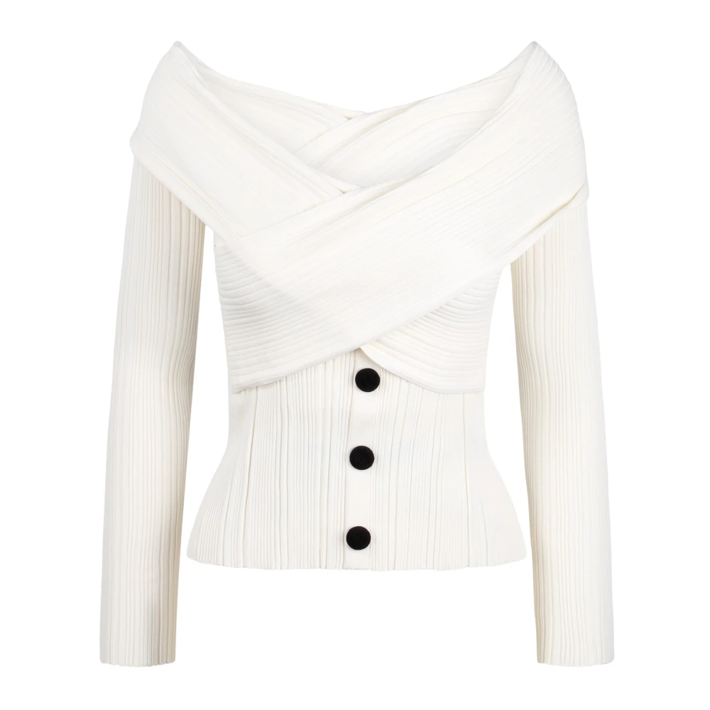 Self Portrait Asymmetrische Off-Shoulder Gebreide Top Beige Dames