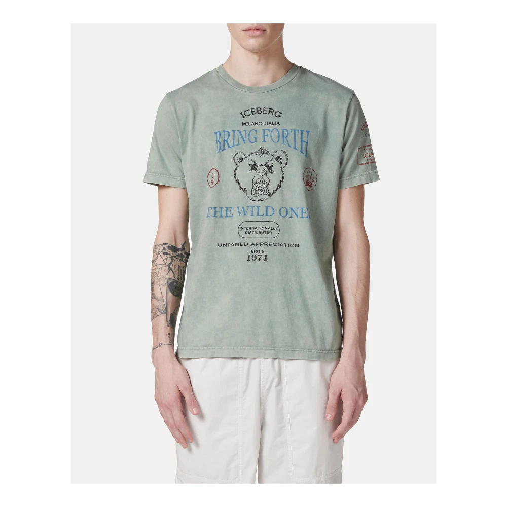 Iceberg Regular-fit mintkleurig T-shirt in willekeurig gewassen katoen met maxi Bear print Green Heren