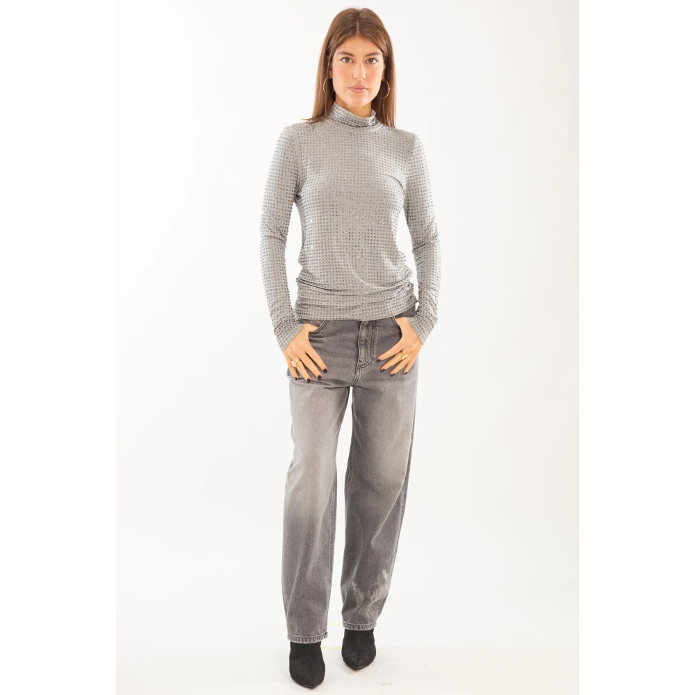 pinko Rhinestones High-Neck Sweater Gray Dames