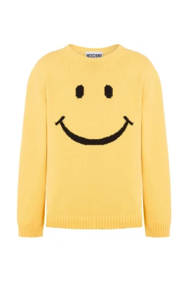Gul Stickad Tröja med Smiley Ansikte